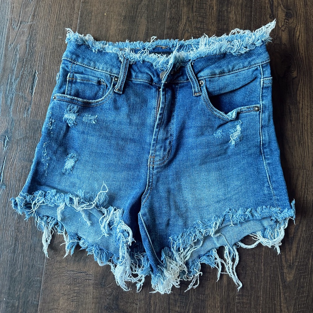 Risen High Rise Stretch Denim Shorts